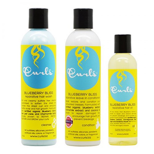 Curls Combo Deal - Curls Blueberry Bliss Reparative Hair Wash 8oz & Leave-In Conditioner 8oz & Hair Oil 4oz 